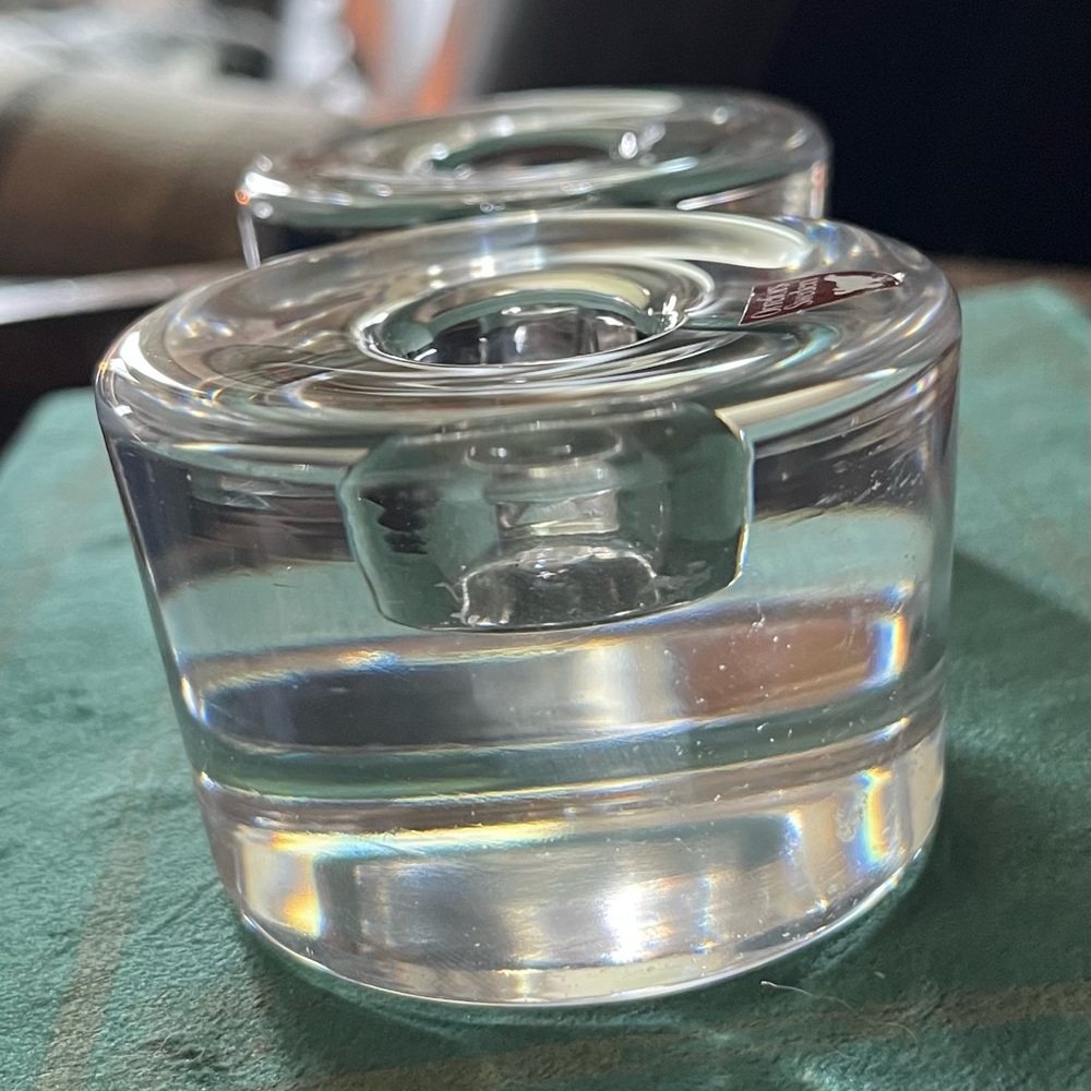 Orrefors of Sweden Crystal Puck style MCM  taper candle holders